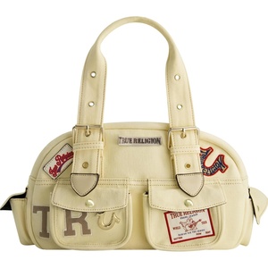 True Religion Satchel Bag, Multi-Patch Women’s Handbag with Adjustable Shoulder Strap, Beige, One Size | Multi-Patch Women’s Handbag with Adjustable Shoulder Strap