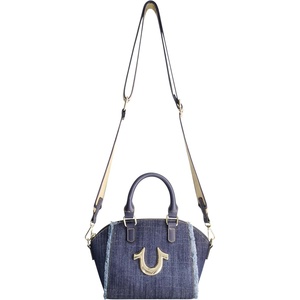True Religion Satchel Bag, Women’s Frayed Denim Purse Shoulder Handbag with Horseshoe Logo, Denim | Women’s Frayed Purse Shoulder Handbag with Horseshoe Logo