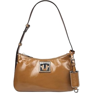True Religion Shoulder Bag, Gold | Crinkle Finish Purse with Logo Plaque, Adjustable Strap and Hardware, Camel