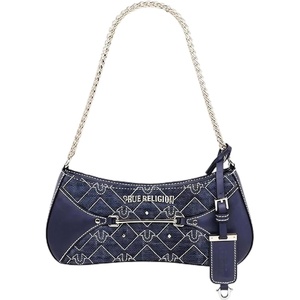 True Religion Shoulder Bag, Studded Chain Purse with Monogram Stitching, Contrast Trim and Mixed Metal Hardware, Dark Denim | Studded Chain Purse with Monogram Stitching, Contrast Trim and Mixed Metal Hardware