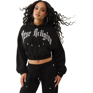 True Religion Studded GF Pullover Hoodie for Women – Fleece Cotton Blend, Cozy Fit, Logo Detail(Jet Black)