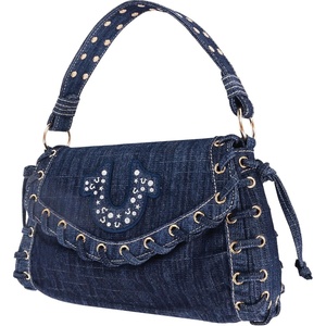 True Religion Studded Horseshoe Eyelet Denim Flap Bag, Crossbody Shoulder Handbag with Logo and Stud Details, Dark Denim | Crossbody Shoulder Handbag with Logo and Stud Details