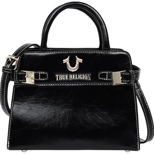 True Religion Tote Bag, Buckle Tab Structured Purse with Detachable Strap, Contrast Stitching and Silver Hardware(Black)