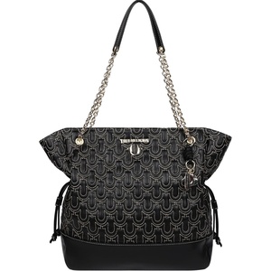 True Religion Tote Bag, Cinch Side Soft Logo Purse with Horseshoe Stitch Pattern, Chain Straps and Gold Hardware(Black)