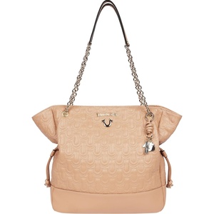 True Religion Tote Bag, Cinch Side Soft Logo Purse with Horseshoe Stitch Pattern, Chain Straps and Gold Hardware(Camel)