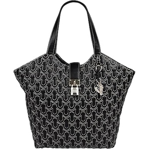 True Religion Tote Bag, Horseshoe Quilt Charm Purse with Padlock Detail, Removable Branded Charm and Gold Hardware, Black | Horseshoe Quilt Charm Purse with Padlock Detail, Removable Branded Charm and Gold Hardware