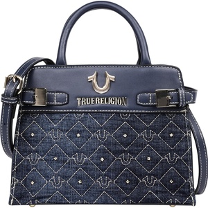 True Religion Tote Bag, Studded Denim Purse with Quilted Horseshoe Pattern, Buckle Tab Details and Gold Hardware, Dark Denim | Studded Purse with Quilted Horseshoe Pattern, Buckle Tab Details and Gold Hardware