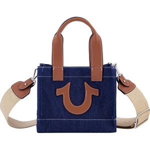 True Religion Tote Bag, Women’s Mini Travel Shoulder Bag with Adjustable Strap and Horseshoe Logo(Dark Denim)
