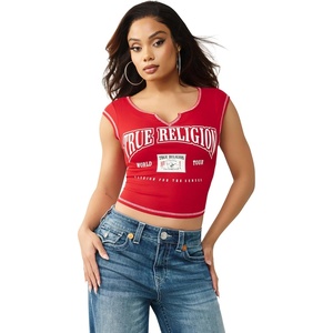 True Religion Women’s Buddha V Notch Baby Tee | Cropped Ribbed Knit Top with Puff Print Logo & Cap Sleeves(Salsa)