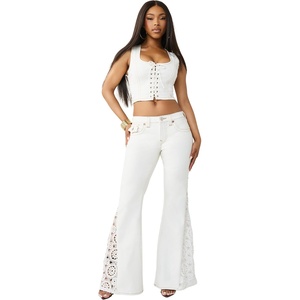 True Religion Women’s Crochet Mid Rise Flare Flap Jean | Mid Rise Fit, Boho Crochet Flare Detailing, Stretch Denim