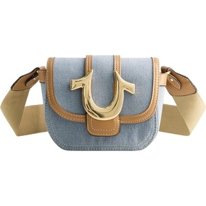 True Religion Women’s Crossbody Bag, Denim Flap Adjustable Shoulder Handbag with Horseshoe Logo(Light Blue)