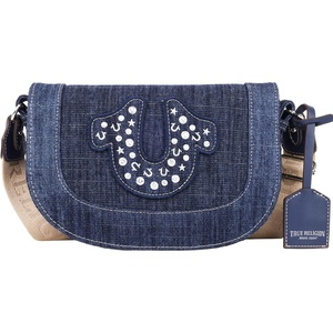 True Religion Women’s Crossbody Bag, Denim Mini Flap Shoulder Handbag Purse with Studded Horseshoe, Dark Denim | Mini Flap Shoulder Handbag Purse with Studded Horseshoe