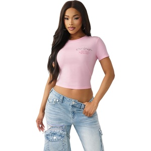 True Religion Women’s Crystal Buddha Baby Tee | Cropped Cotton Stretch T-Shirt with Rhinestone Back Logo(Fairytale)