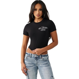 True Religion Women’s Crystal Buddha Baby Tee | Cropped Cotton Stretch T-Shirt with Rhinestone Back Logo(Jet Black)