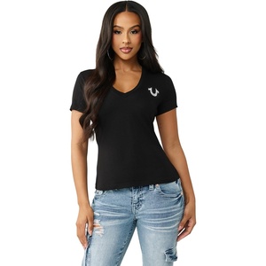 True Religion Women’s Crystal Buddha V Tee | Soft 100% Cotton Short Sleeve Top, Slim Fit V-Neck, Rhinestone Logo(Jet Black)