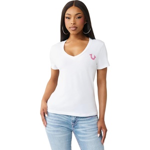 True Religion Women’s Crystal Buddha V Tee | Soft 100% Cotton Short Sleeve Top, Slim Fit V-Neck, Rhinestone Logo(Optic White)