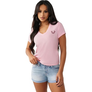True Religion Women’s Crystal Sporty V-Neck Tee | Short Sleeve Cotton Blend T-Shirt with Rhinestone Logo Design(Fairytale)