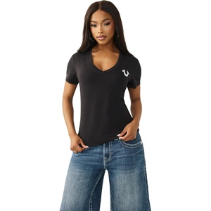 True Religion Women’s Crystal Sporty V-Neck Tee | Short Sleeve Cotton Blend T-Shirt with Rhinestone Logo Design(Jet Black)