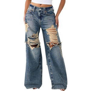 True Religion Women’s Destroyed Jessie Layered Baggy Jean – 100% Cotton Denim, Baggy Fit, Statement Style(Huntington Fade W/ Destroy)