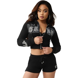 True Religion Women’s Embroidered Shrunken Zip Hoodie – Cropped Fit, Ribbed Hem, Embroidered Logo(Jet Black)