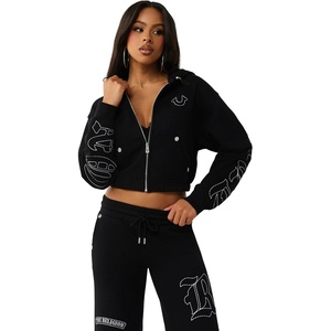 True Religion Women’s Horseshoe Appliqué Zip Hoodie – Full Zip Sweatshirt(Jet Black)