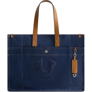 True Religion Women’s Large Tote Bag, Stitched Horseshoe Canvas Travel Carryall Shoulder Handbag(Dark Denim)