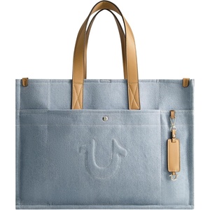 True Religion Women’s Large Tote Bag, Stitched Horseshoe Canvas Travel Carryall Shoulder Handbag(Light Blue)