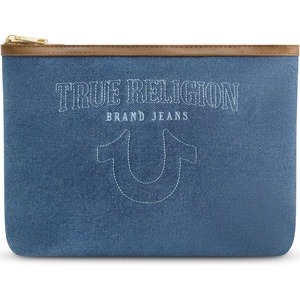 True Religion Women’s Makeup Bag, Travel Cosmetic Zipper Pouch Organizer(Denim W/ Gold Hardware)