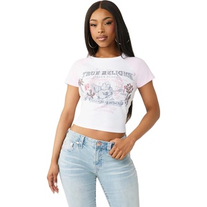 True Religion Women’s Raglan Baby Tee – Slim Fit Stretch Cotton Crewneck, Contrast Sleeves, Horseshoe Graphic T-Shirt(White/Baby Pink)