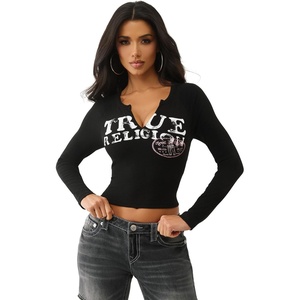 True Religion Women’s Ribbed V-Notched Long Sleeve Tee | Crew Neck, Raglan Sleeves(Jet Black)