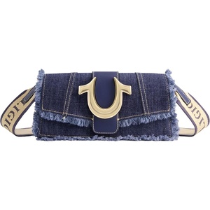 True Religion Women’s Shoulder Bag Purse, Denim | Frayed Mini Flap Crossbody Handbag with Horseshoe Logo
