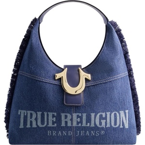 True Religion Women’s Shoulder Bag Purse, Frayed Denim Medium Hobo Handbag with Horseshoe Logo, Denim