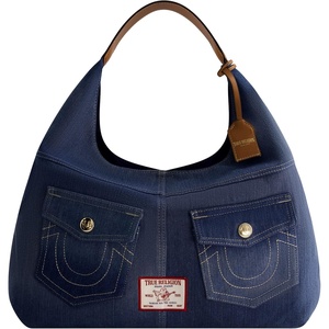 True Religion Women’s Shoulder Bag Purse, Hobo Handbag with Front Pockets(Denim)