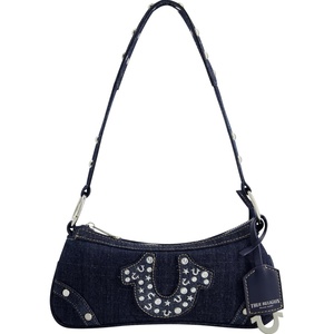 True Religion Women’s Shoulder Bag Purse, Mini Travel Handbag with Studded Horseshoe Logo, Denim