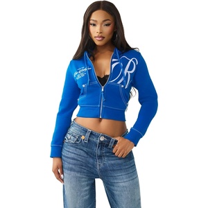 True Religion Women’s Shrunken Big T Zip Hoodie – Cropped Fit, Split Pockets, Horseshoe Detailing(Skydiver)