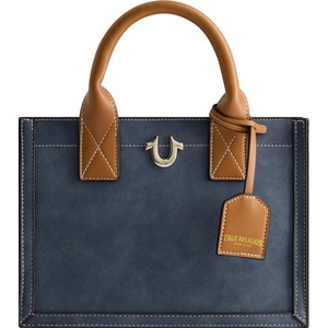 True Religion Women’s Tote Bag, Faux Suede Medium Travel Purse Handbag with Adjustable Shoulder Strap and Horseshoe Logo(Blue)
