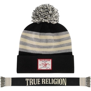 True Religion Women’s True Religion Beanie Hat and Scarf Set, Winter Cuffed Knit Cap With Pom and Stadium Style Scarf(Black)