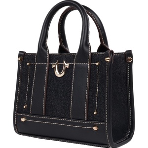 True Religion Women’s True Religion Mini Tote Bag With Logo Strap, Structured Casual Purse With Top Handles and Crossbody(Black)