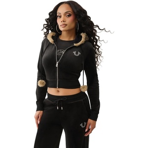 True Religion Women’s Velour Crystal Shrunken Zip Hoodie | Hoodies for Women | Zip Up Hoodie Women | Cropped Hoodie(Jet Black)