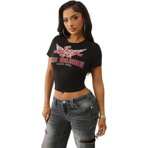 True Religion Women’s Wing Crystal Baby Tee | Short Sleeve, Crew Neck, Cropped Cotton Blend Top, Crystal Logo