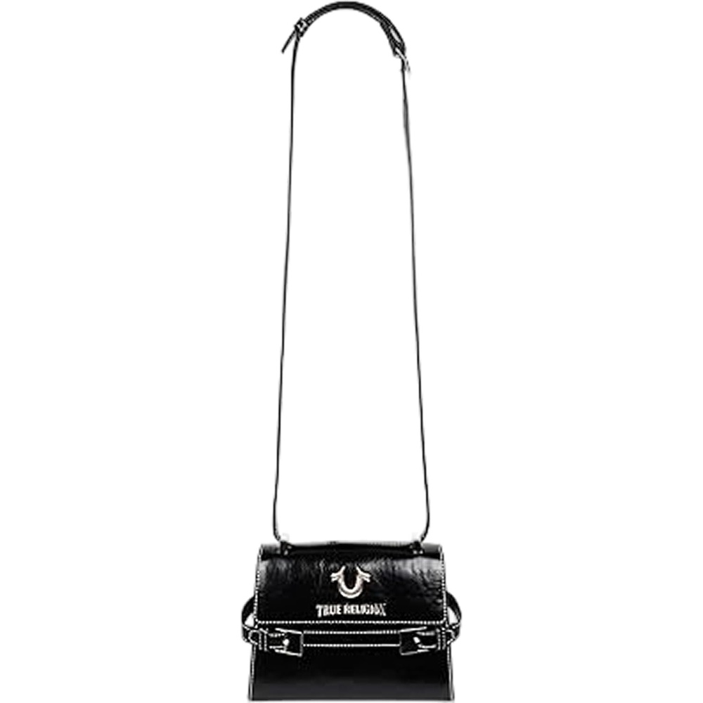 image:imageTrue Religion Crossbody Bag Buckle Tab Flap Purse with Contrast Stitching MultiCompartment Interior and Silver Hardware Black  Buckle Tab Flap Purse with Contrast Stitching MultiCompartment Interior and Silver Hardware