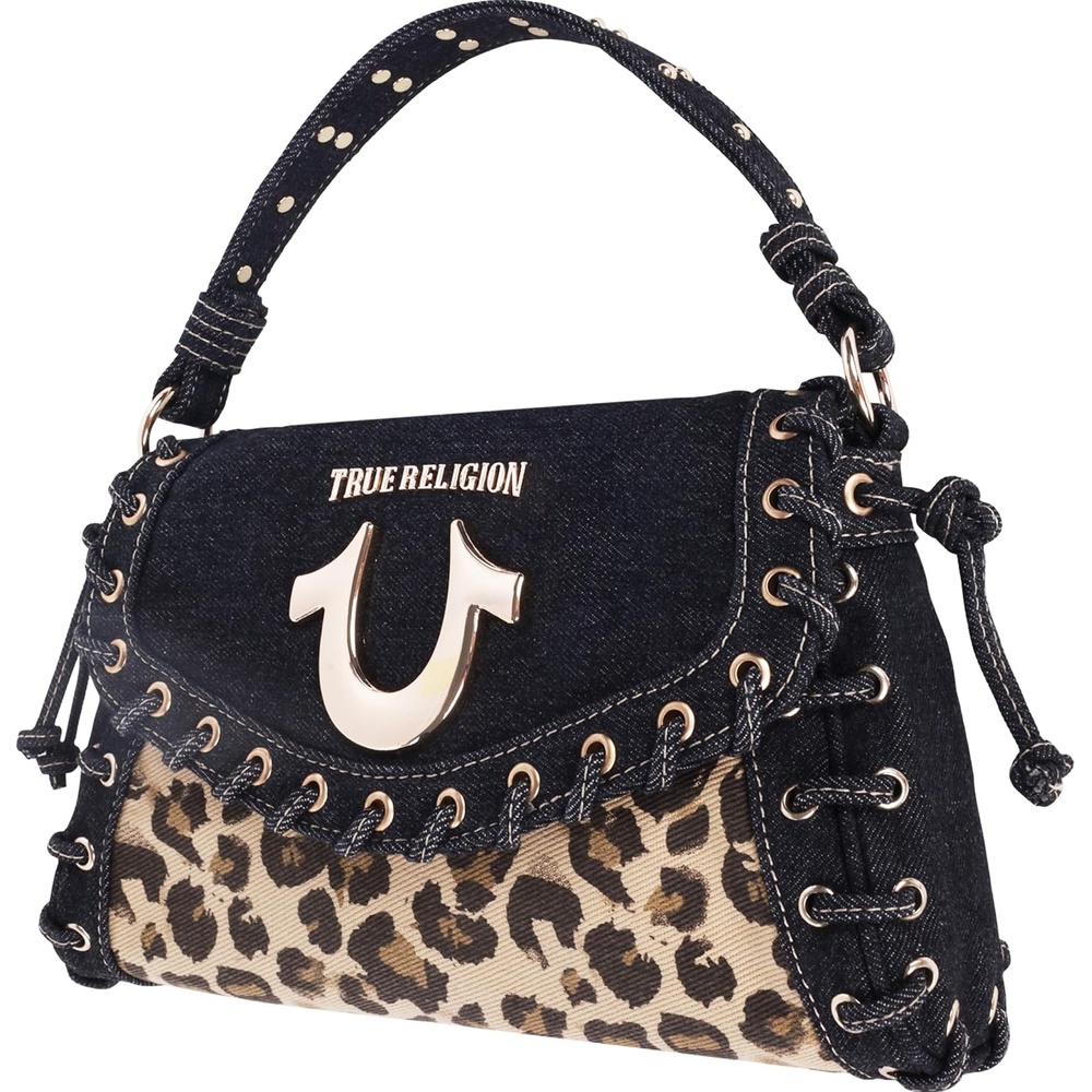 image:imageTrue Religion Denim Eyelet Trim Flap Bag Studded LaceUp Crossbody Shoulder Handbag with Horseshoe Logo Leopard  Studded LaceUp Crossbody Shoulder Handbag with Horseshoe Logo Leopard