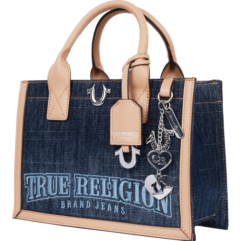 image:imageTrue Religion Denim Tote Bag Dark Denim  Bombe Logo Shoulder Carryall with Horseshoe Hardware and Strap Hand Bag
