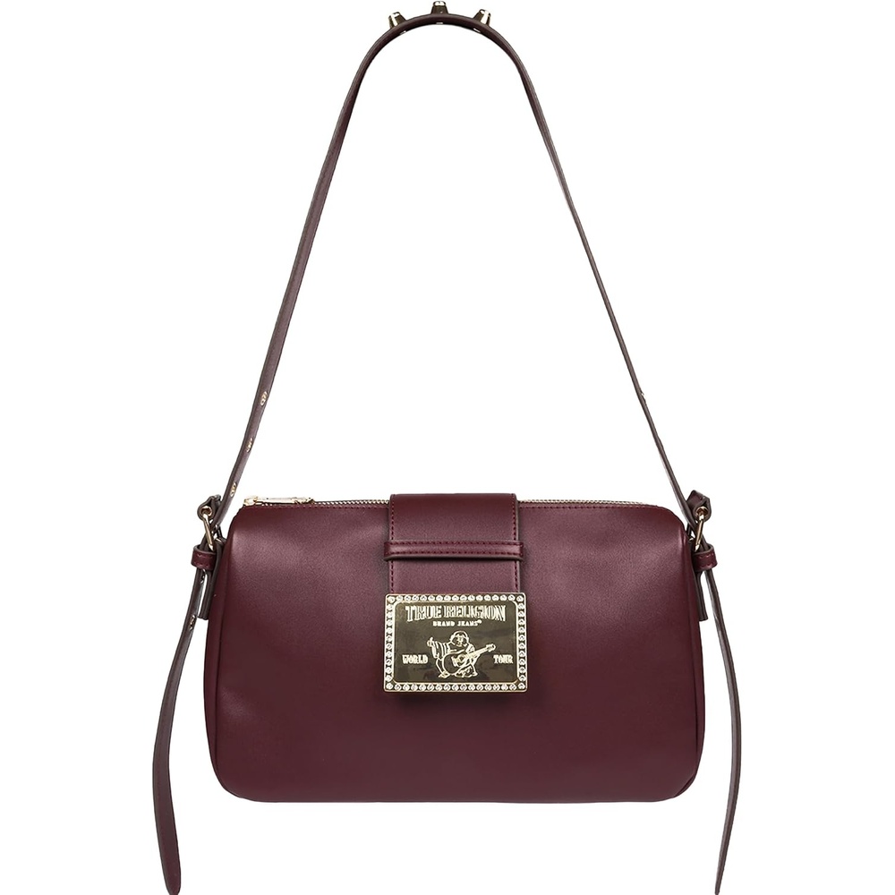 image:imageTrue Religion East West Crossbody Handbag Belt Buckle Accent Shoulder Purse with Adjustable Strap and Snap Zip Closure Gold Tone Logo