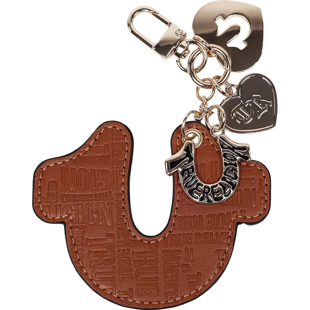 image:imageTrue Religion Embossed Horseshoe Bag Charm Gold Hardware Keychain with Heart Pendant and Logo Detail Cognac  Hardware Keychain with Heart Pendant and Logo Detail Cognac