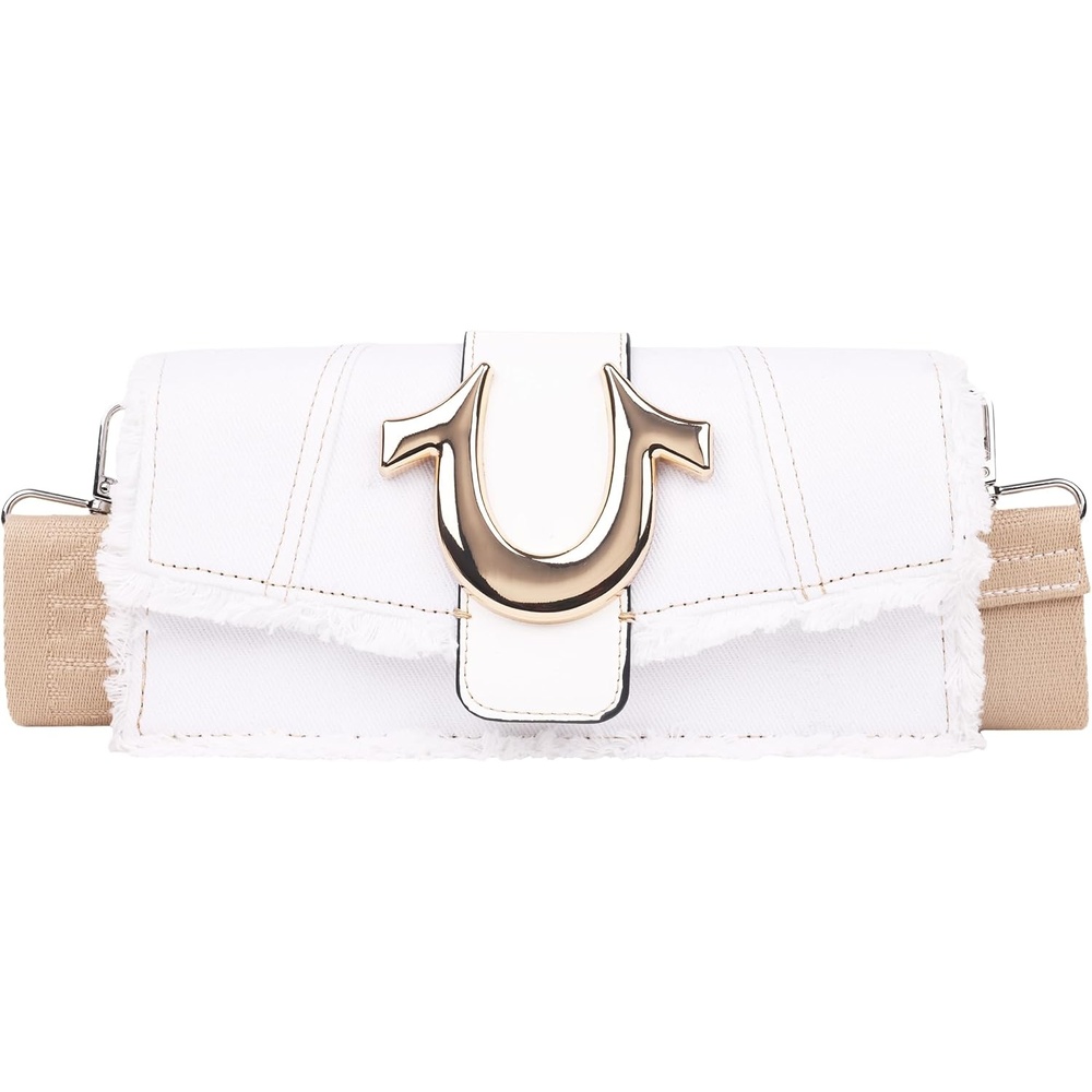 image:imageTrue Religion Flap Bag Womens Frayed Denim Shoulder Handbag with Horseshoe Logo White