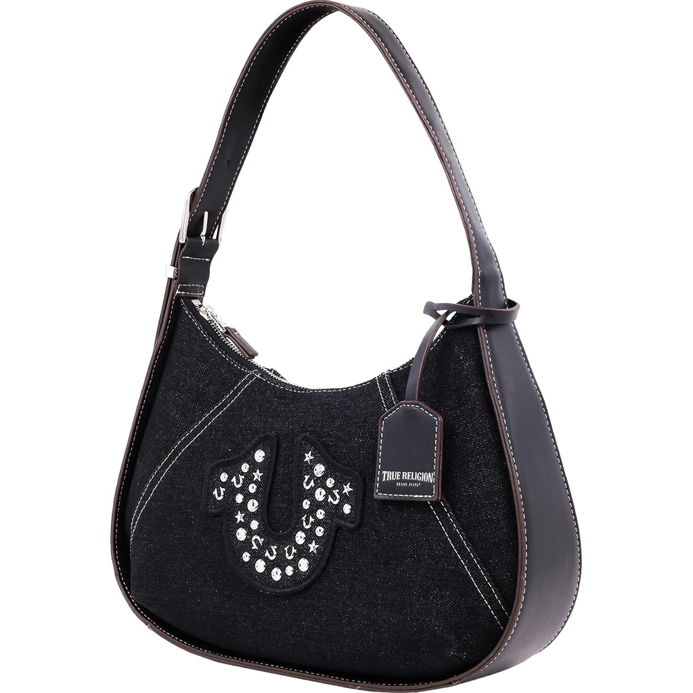 image:imageTrue Religion Hobo Bag Denim Black  Strudded Logo Shoulder Purse Silver Hardware with Adjustable Handle Drop Zip Closure