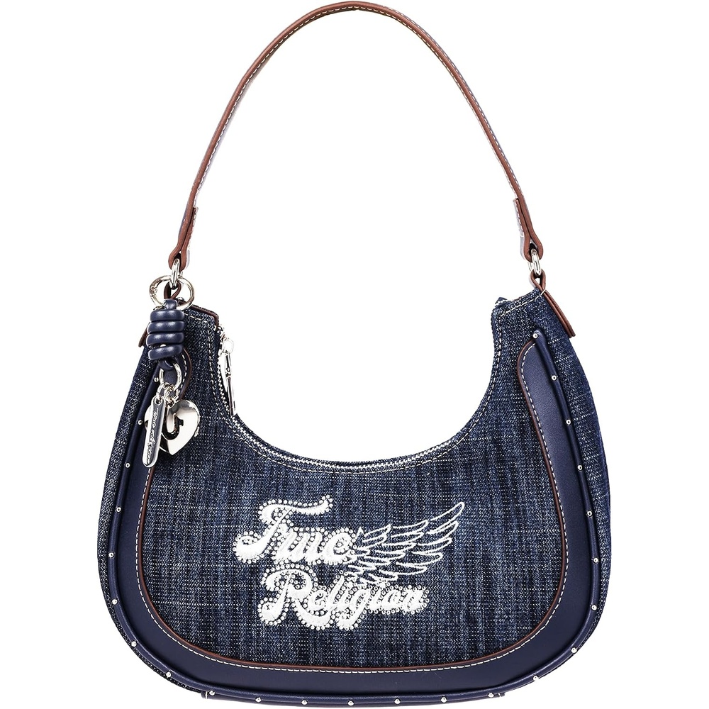 image:imageTrue Religion Hobo Bag Navy  Wing Motif Denim Purse Embroidered Logo Silver Hardware and Zip Closure