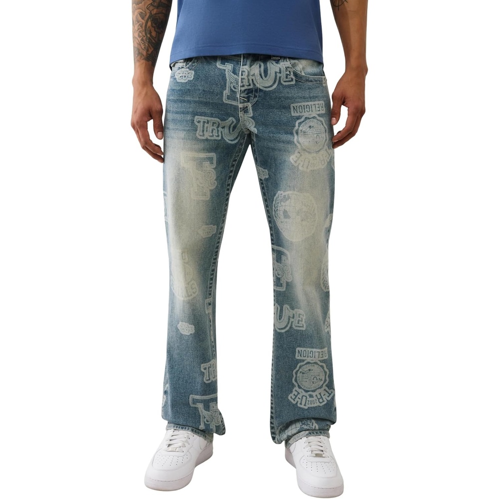 image:imageTrue Religion Mens AOP Ricky SN Flap Jeans  Premium Denim Contrast Stitching 34 Inseam Flap Pockets