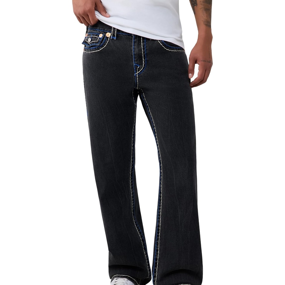 image:imageTrue Religion Mens Billy Super T Flap Straight Jeans  Flap Pocket Cotton Blend 34Inch InseamChantey Black Wash